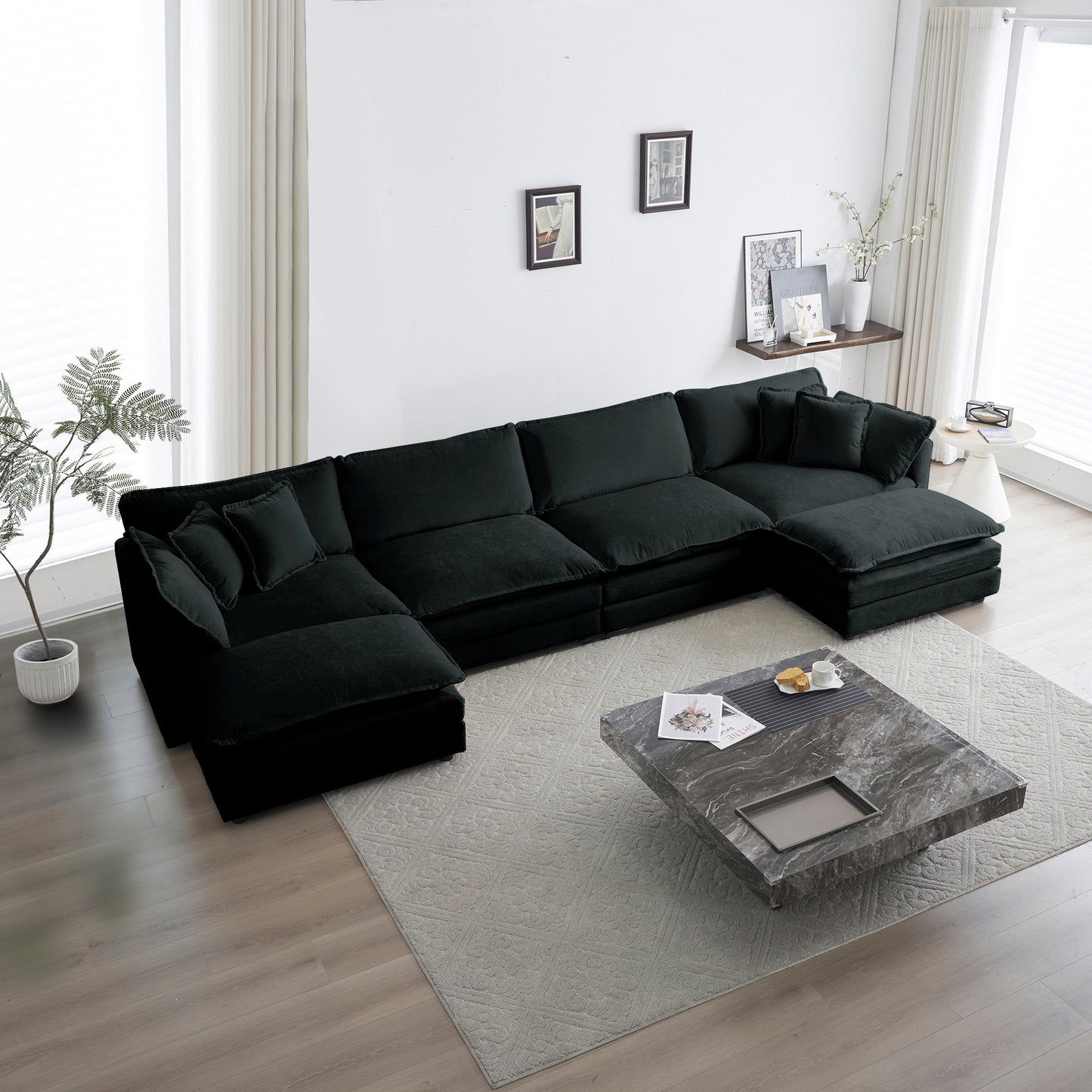 U-Shape Modular Sectional Sofa with Reversible Chaise, 4-Seat Couch, Double Ottomans, Chenille Black