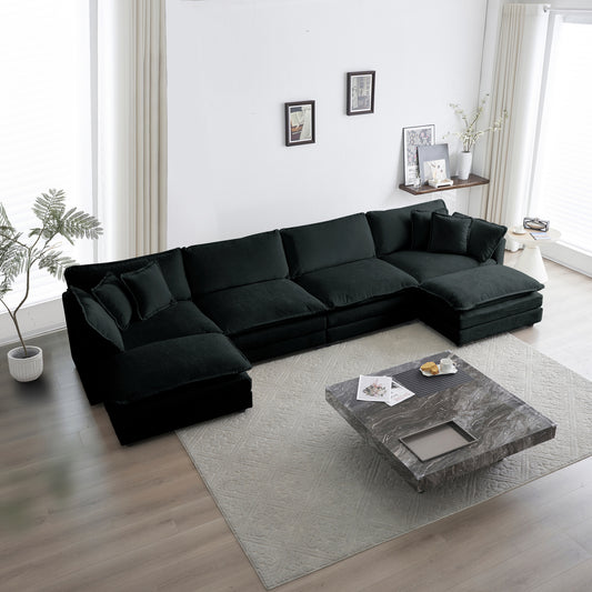 U-Shape Modular Sectional Sofa with Reversible Chaise, 4-Seat Couch, Double Ottomans, Chenille Black