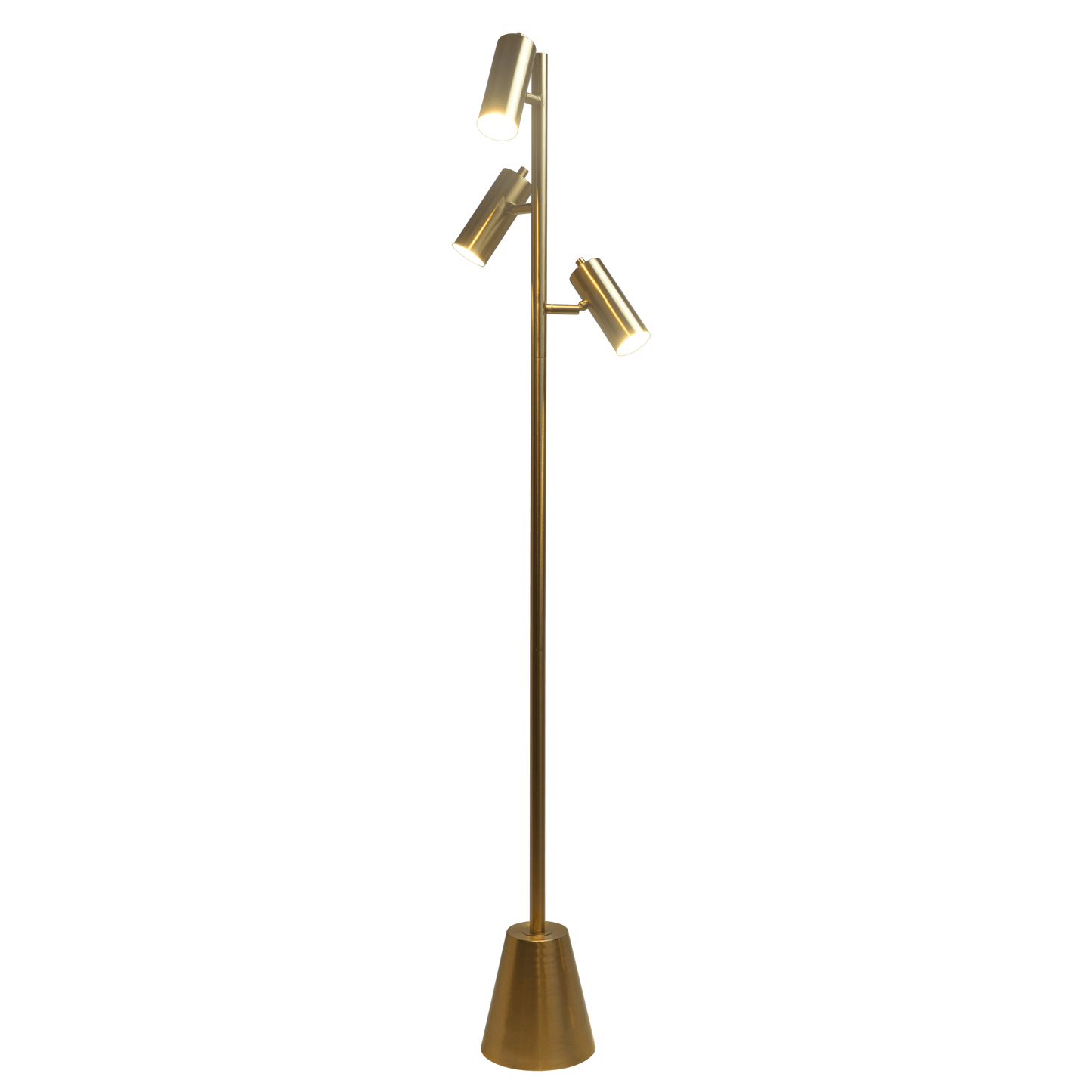 63-Inch Floor Lamp with Rotary Switch, Triple Spotlight Heads, Metal Cone Base, Brassed Gold