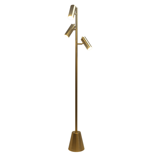 63-Inch Floor Lamp with Rotary Switch, Triple Spotlight Heads, Metal Cone Base, Brassed Gold
