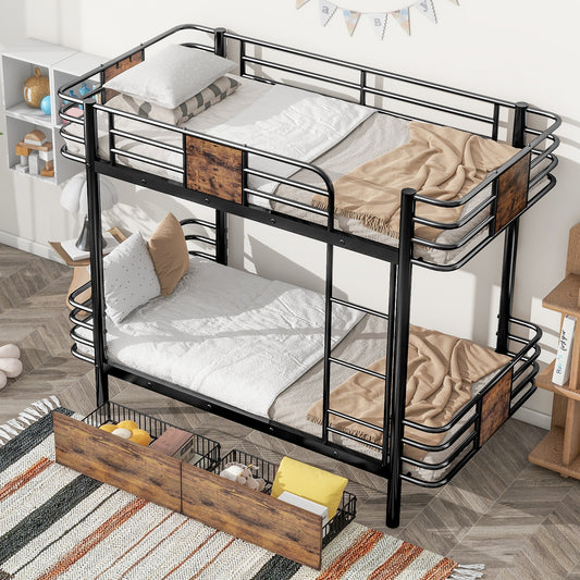 Twin XL Metal Bunk Bed with MDF Guardrails and Storage Drawers in Black