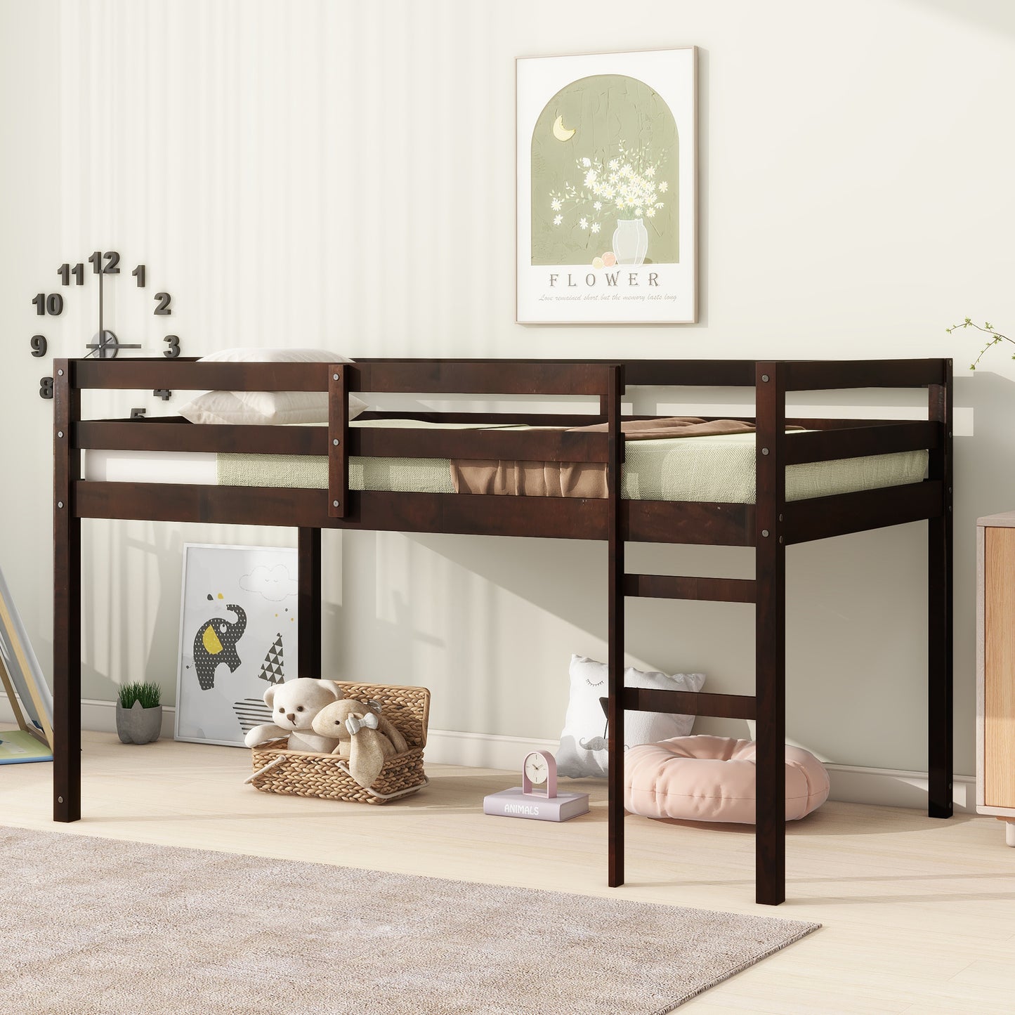 Espresso Rubber Wood Twin Loft Bed with Ladder and Enhanced Support Slats