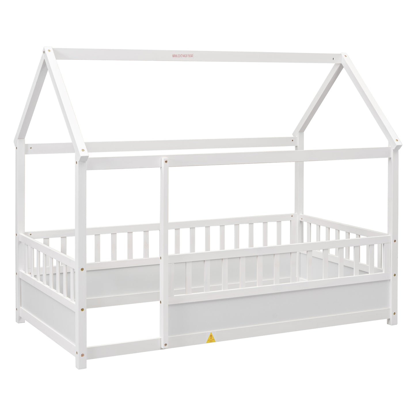 Whimsical Twin Floor Bed with House Roof and Safety Guardrails in White