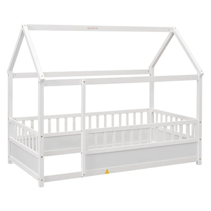 Whimsical Twin Floor Bed with House Roof and Safety Guardrails in White