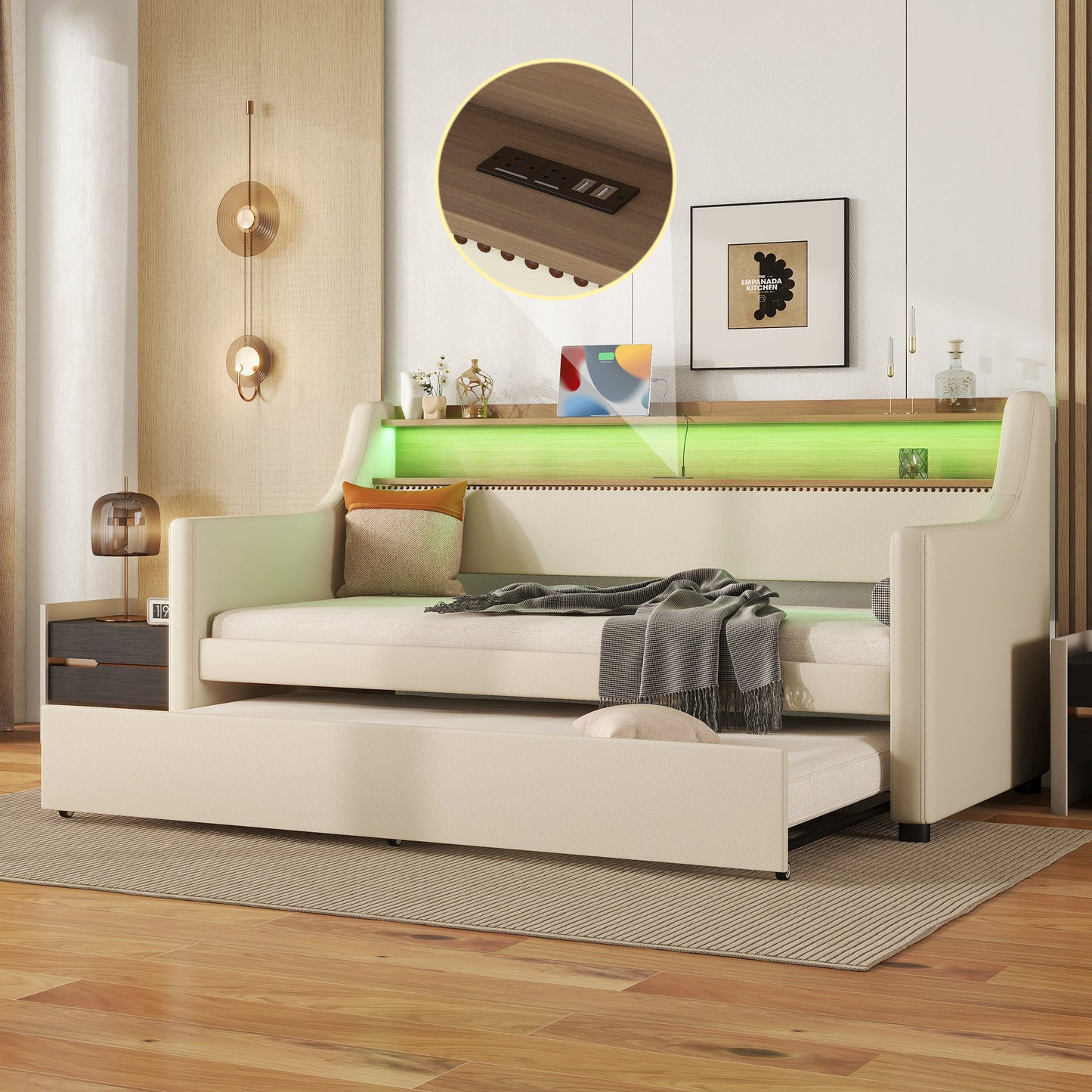 Beige Twin Size Upholstered Daybed with Trundle, USB Charging Station & LED Lighting