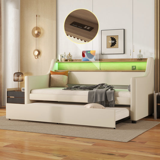 Beige Twin Size Upholstered Daybed with Trundle, USB Charging Station & LED Lighting