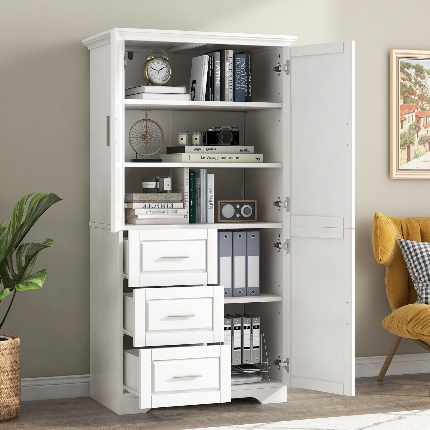 Versatile Tall Storage Cabinet with Doors and Drawers for Bathroom, Office, or Kitchen - White MDF Design