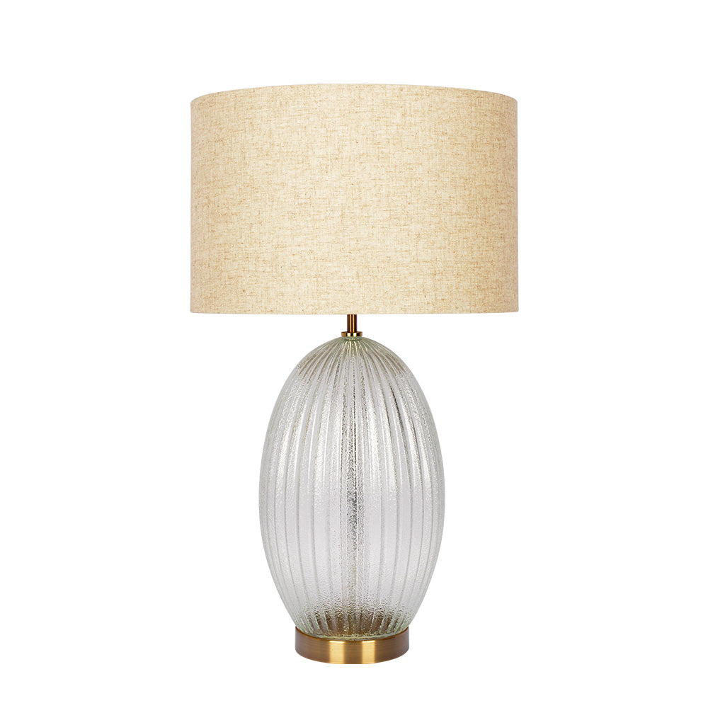 Ribbed Glass Table Lamp with Large Linen Shade, 17in Tall, 11.8in Base, Lighting Beige Clear Gold