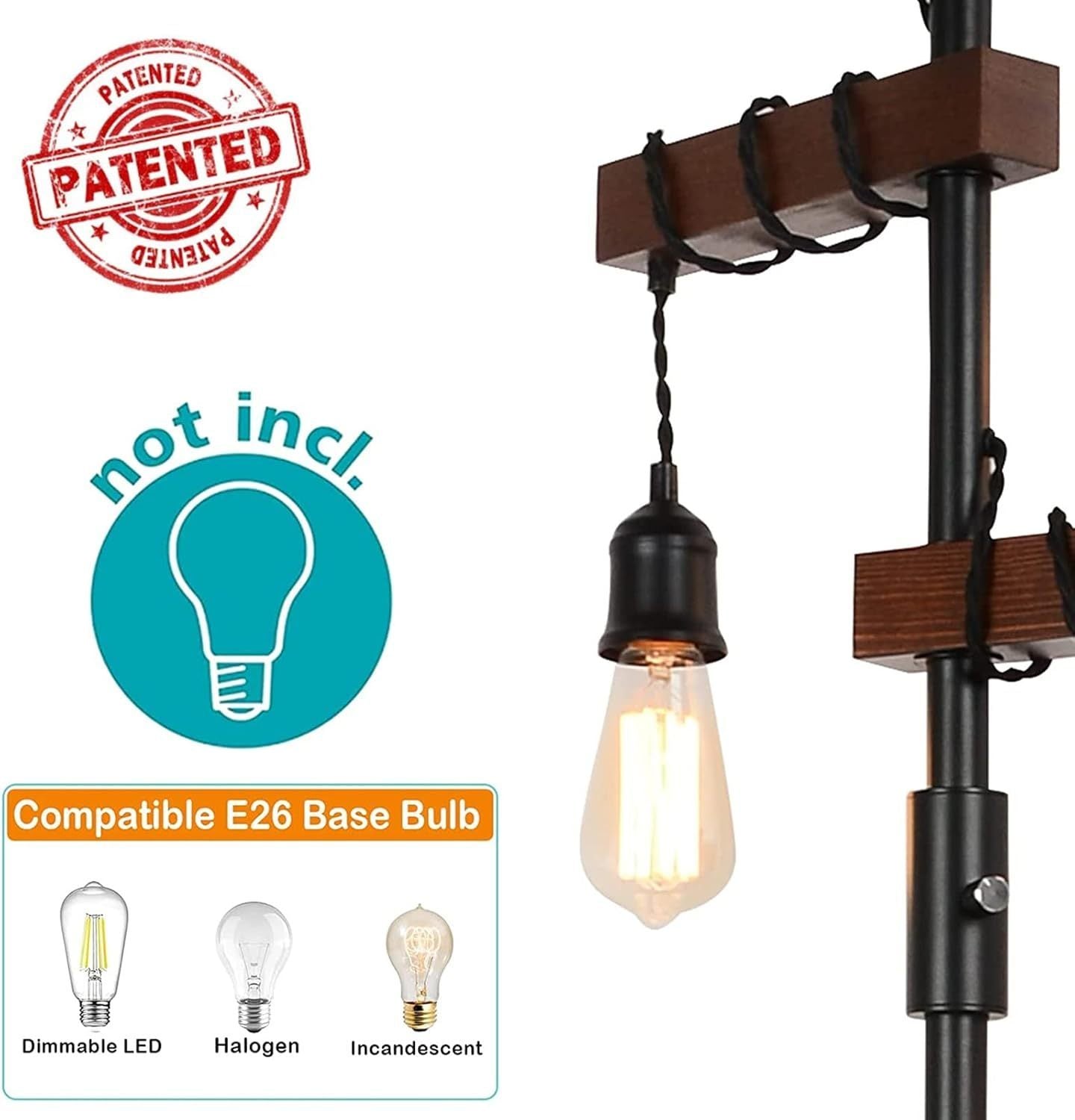 68-Inch 3-Head Dimmable Floor Lamp, Wood & Metal Base, Rustic Farmhouse Lighting for Living Room Black