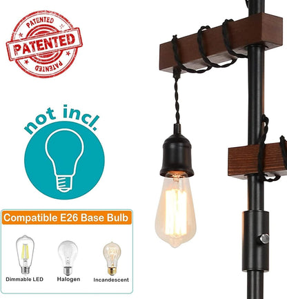 68-Inch 3-Head Dimmable Floor Lamp, Wood & Metal Base, Rustic Farmhouse Lighting for Living Room Black
