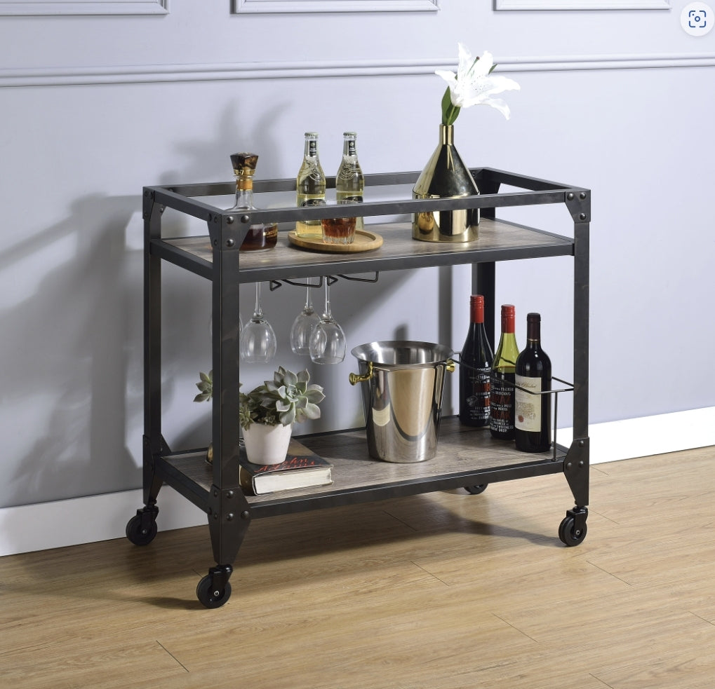 Industrial Rustic Oak Charcoal Serving Cart With Wine Rack