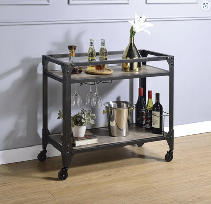 Industrial Rustic Oak Charcoal Serving Cart With Wine Rack