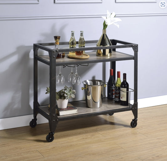 Industrial Rustic Oak Charcoal Serving Cart With Wine Rack