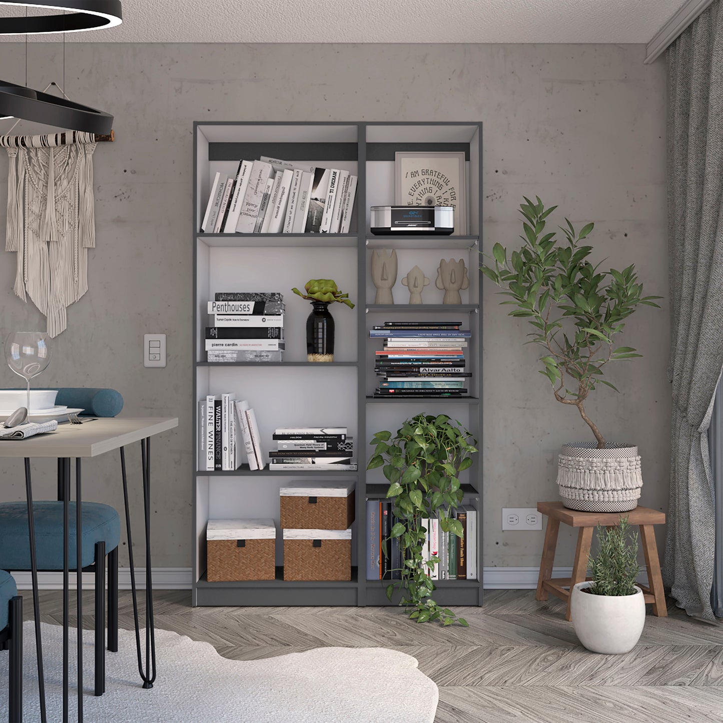 Modern 2-Piece Living Room Bookcase Set with 9 Versatile Shelves in Matt Gray & White