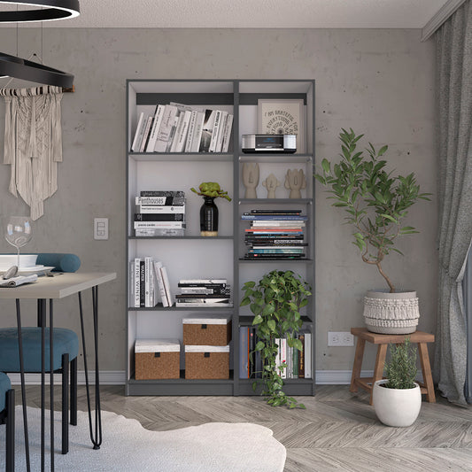 Modern 2-Piece Living Room Bookcase Set with 9 Versatile Shelves in Matt Gray & White