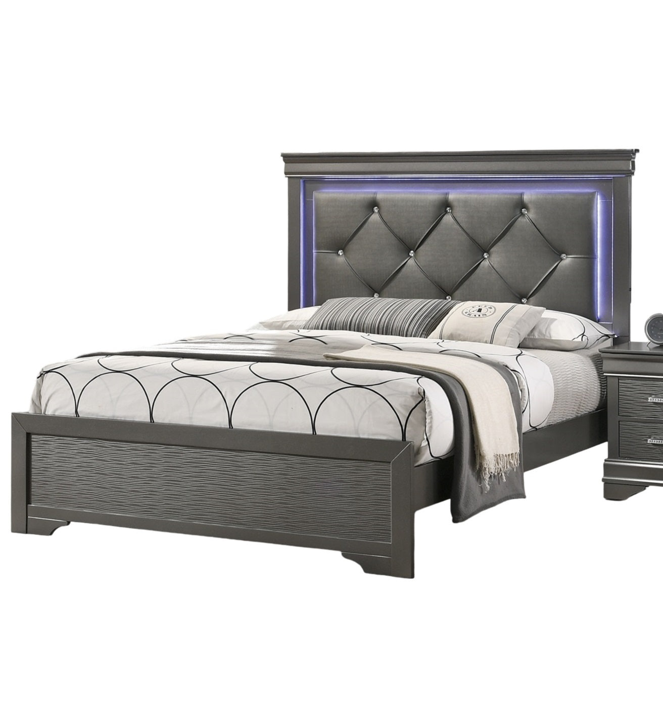 Elegant Dark Gray Faux Leather Queen Bed with Tufted Headboard and LED Lighting