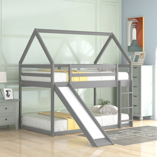 Gray Twin Bunk House Bed with Slide and Ladder for Kids