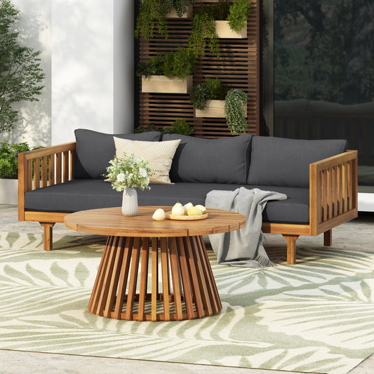 Acacia Wood Outdoor Patio Furniture Set With 3 Seater Daybed And Round Coffee Table Water Resistant Cushions Dark Grey