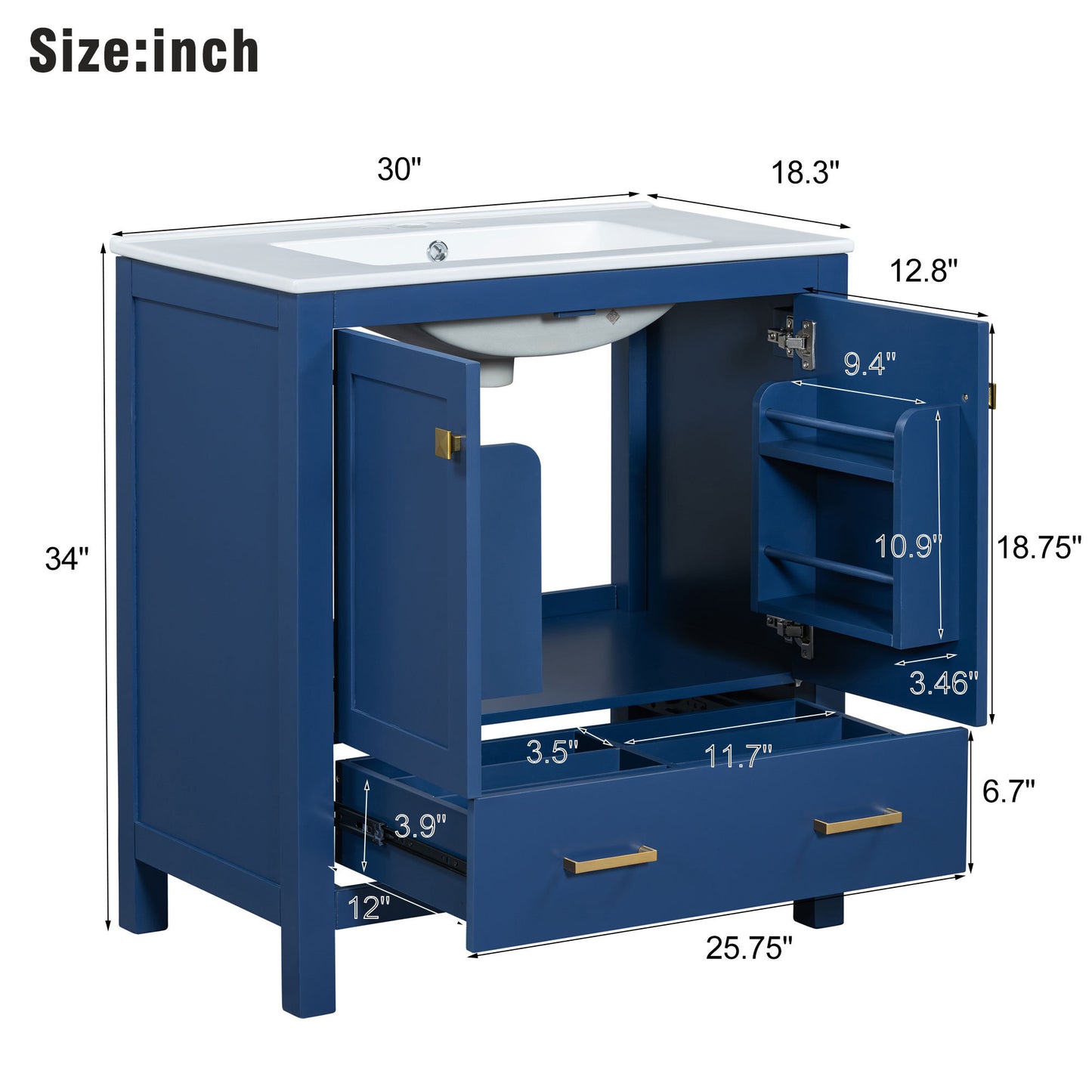 30-Inch Elegant Blue Bathroom Vanity with Ceramic Sink, Stylish Storage Cabinet Featuring Soft-Close Doors and Multifunctional Drawers