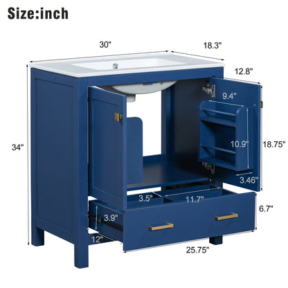30-Inch Elegant Blue Bathroom Vanity with Ceramic Sink, Stylish Storage Cabinet Featuring Soft-Close Doors and Multifunctional Drawers
