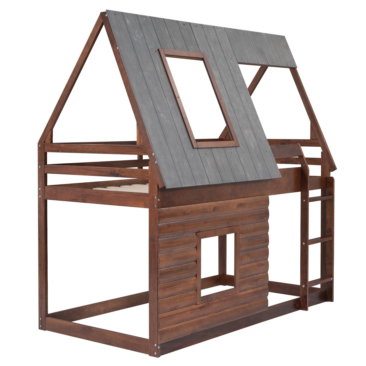 Charming Oak & Smoky Grey Twin Size House Bunk Bed with Roof, Ladder, and Two Windows