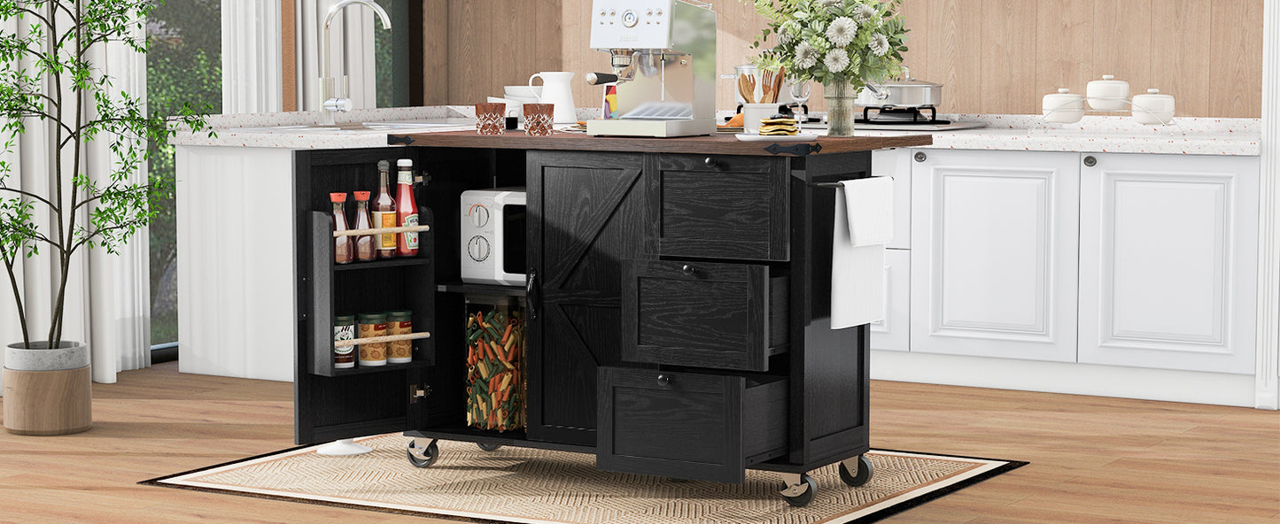 54.5" Rustic Farmhouse Kitchen Island with Power Outlet, Internal Storage, Drop Leaf, and Rolling Wheels for Home and Dining Room - Black