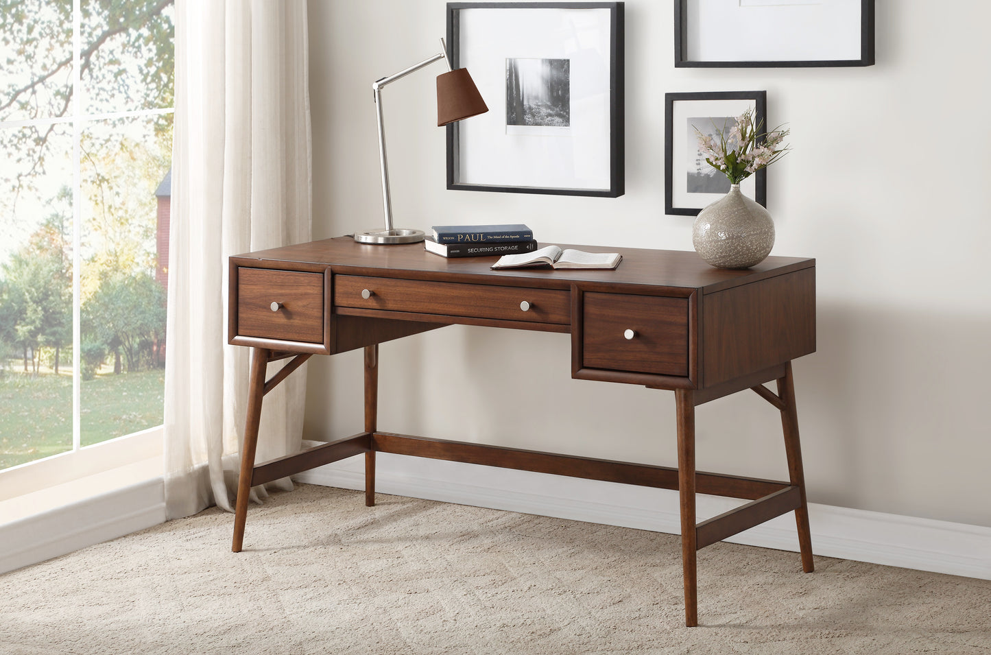 Mid-Century Modern Walnut Veneer Writing Desk with Storage Drawers and Nickel Knob Accents