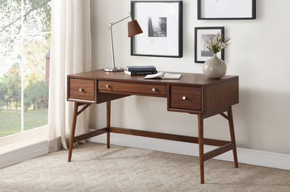 Mid-Century Modern Walnut Veneer Writing Desk with Storage Drawers and Nickel Knob Accents
