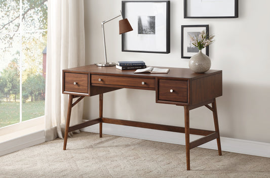 Mid-Century Modern Walnut Veneer Writing Desk with Storage Drawers and Nickel Knob Accents