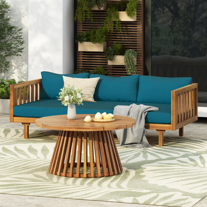 Outdoor Three Seater Acacia Wood Daybed With Water Resistant Cushions And Round Coffee Table 31.5 Inch Teak Finish Teal