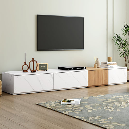 3-in-1 TV Stand for 88in TVs, 78.7in Wide, Faux Marble Top, Walnut Grain, 4 Drawers White Marble & Walnut