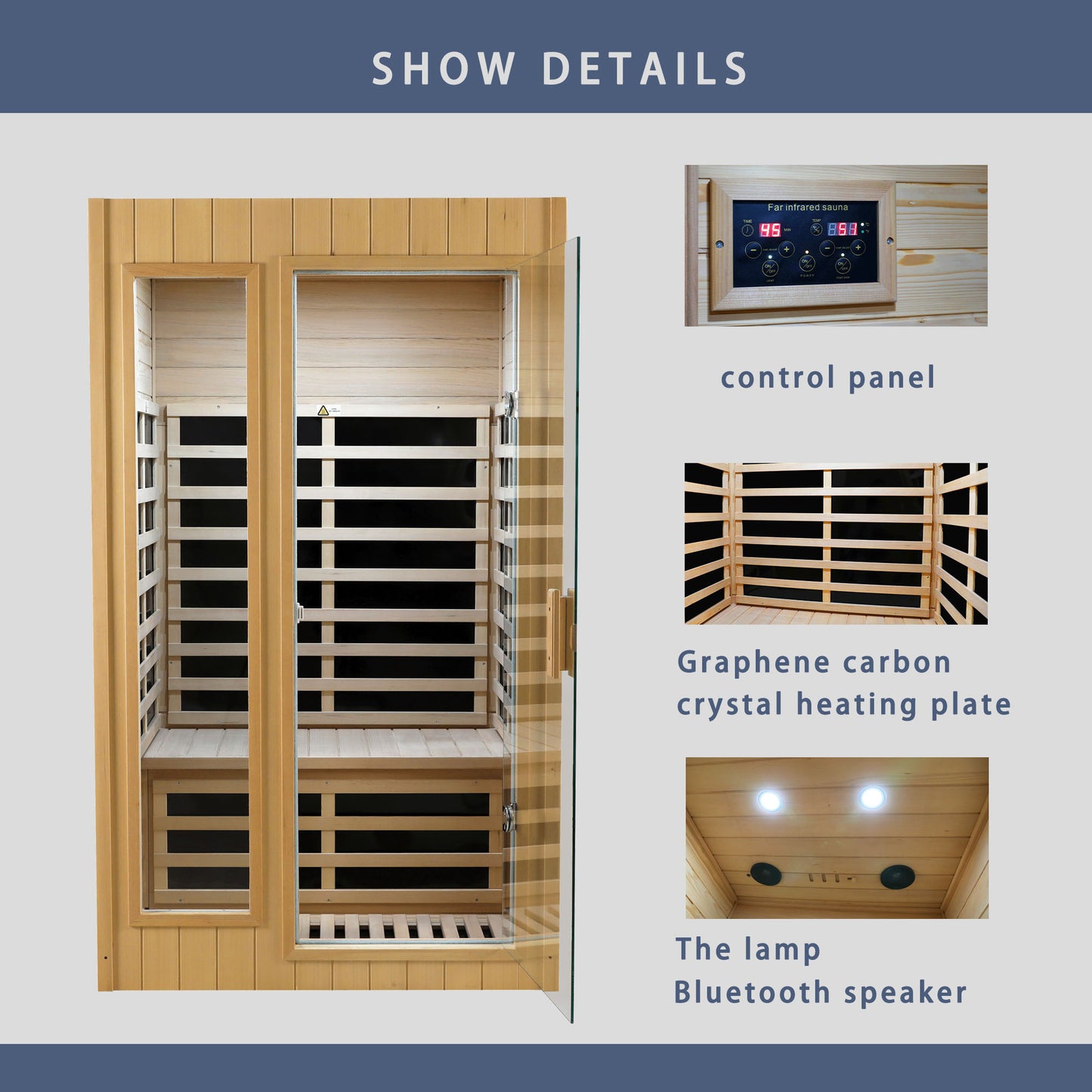 Two-Person Far Infrared Indoor Sauna Room with 1500W, 5 Heating Panels, LCD, Bluetooth Natural Wood