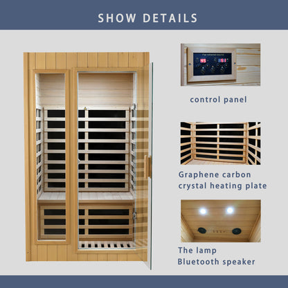 Two-Person Far Infrared Indoor Sauna Room with 1500W, 5 Heating Panels, LCD, Bluetooth Natural Wood