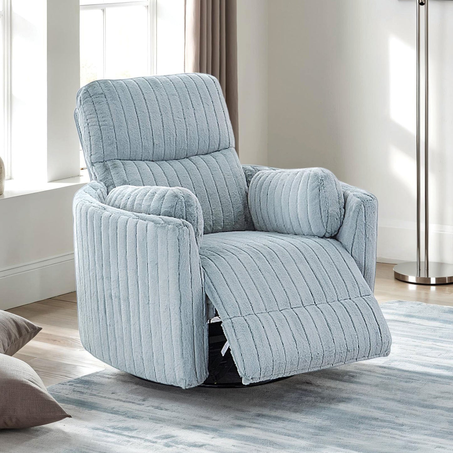 Power Recliner Glider with Swivel, Curved Arms, Pillow-Filled Fabric, Living Room Chair Sky Blue