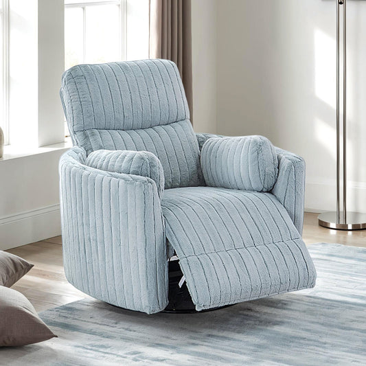 Power Recliner with Glider and Swivel, Curved Arms, Pillow Fill Upholstery, Living Room Chair Sky Blue