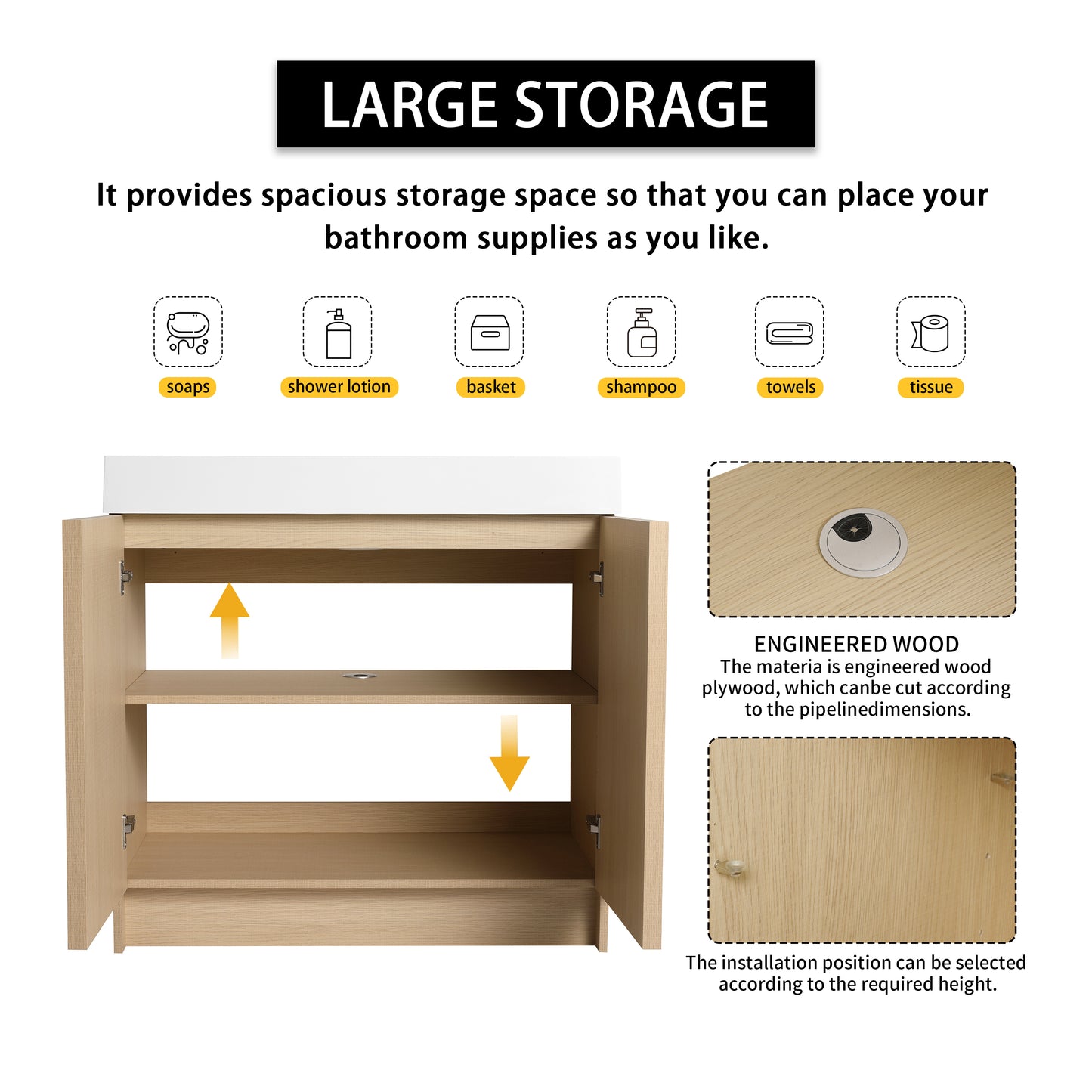 Modern 36" Freestanding Oak Bathroom Vanity with Soft-Close Doors & Integrated White Resin Sink