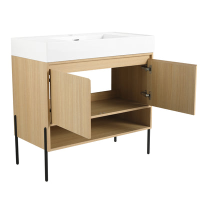 36" Modern Oak Bathroom Vanity Set with Easy-Clean Resin Sink and Multi-Layer Solid Wood Cabinet