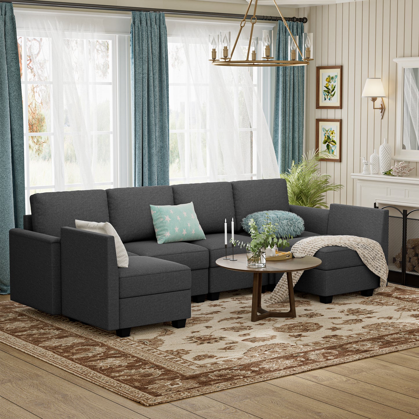 Modular Sectional Sofa with Storage, 6-Seater, Convertible L/U-Shape, 27-Inch Memory Foam, Gray
