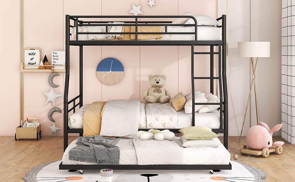 Stylish Black Full XL Over Queen Metal Bunk Bed with Trundle for Optimal Space Utilization