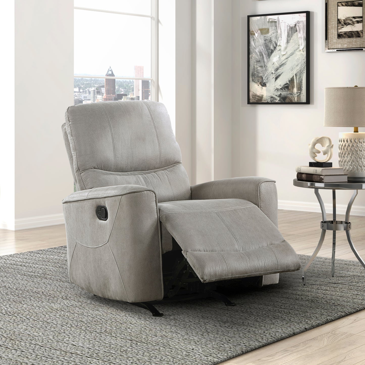 Modern Transitional Rocker Recliner with Solid Wood Frame, Microfiber Upholstery, 300 lb Capacity Gray