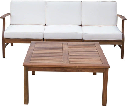 Acacia Wood 3 Seater Sofa And Table Set For Living Room Contemporary Modern Design Cream