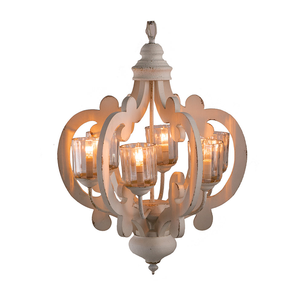 Farmhouse 6-Light Wood Chandelier Pendant with Adjustable Chain for Dining Room and Entryway Cream Finish