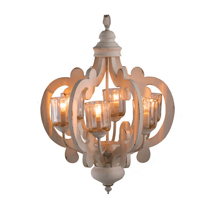 Farmhouse 6-Light Wood Chandelier Pendant with Adjustable Chain for Dining Room and Entryway Cream Finish