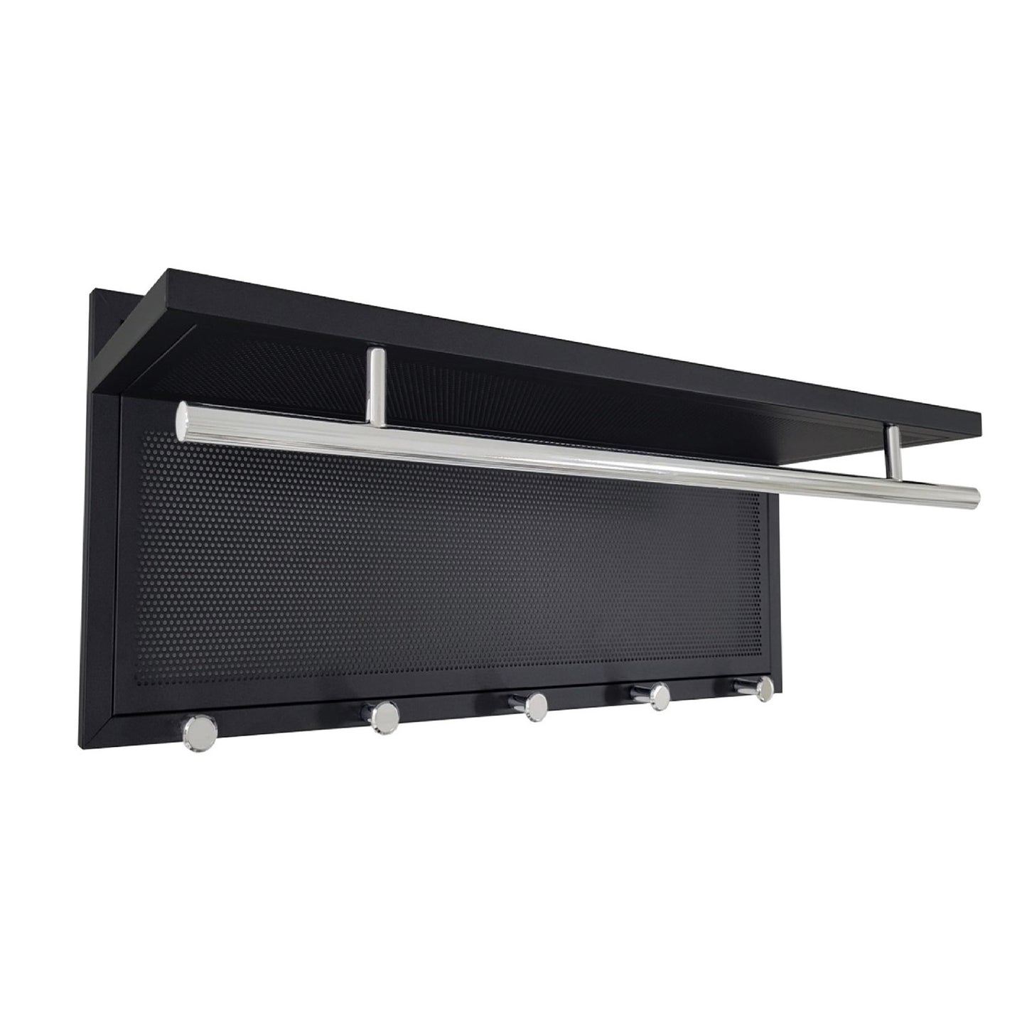 Wall-M Mounted Coat Rack with Shelf and 5 Hooks, Powder-Coated Metal Organizer, Black Chrome Finish