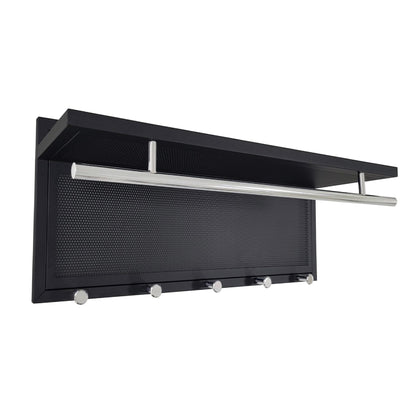 Wall-M Mounted Coat Rack with Shelf and 5 Hooks, Powder-Coated Metal Organizer, Black Chrome Finish