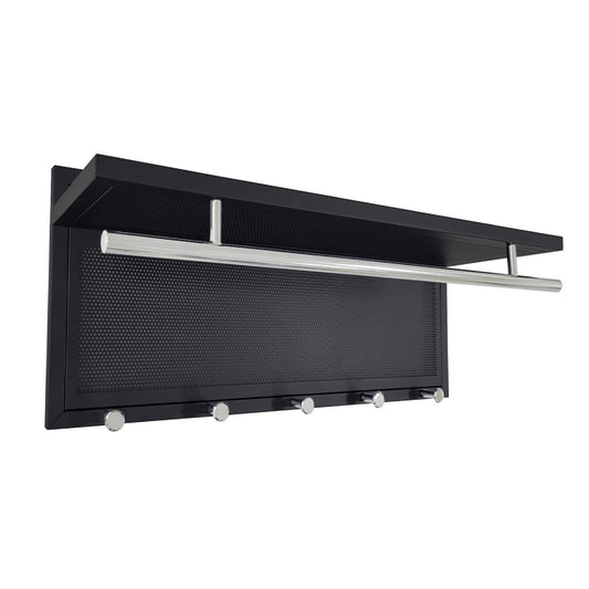 Wall-M Mounted Coat Rack with Shelf and 5 Hooks, Powder-Coated Metal Organizer, Black Chrome Finish