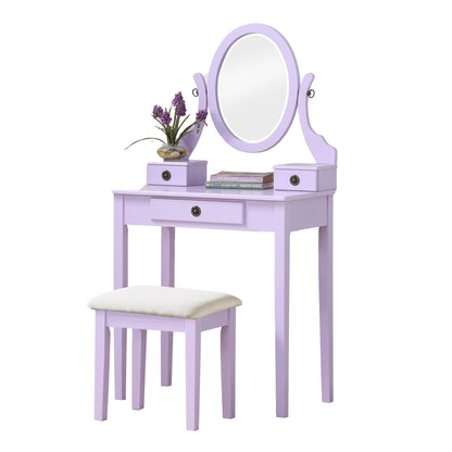 Wood Makeup Vanity Table and Stool Set with Storage Drawers for Bedroom, Space-Saving Beauty Desk Purple