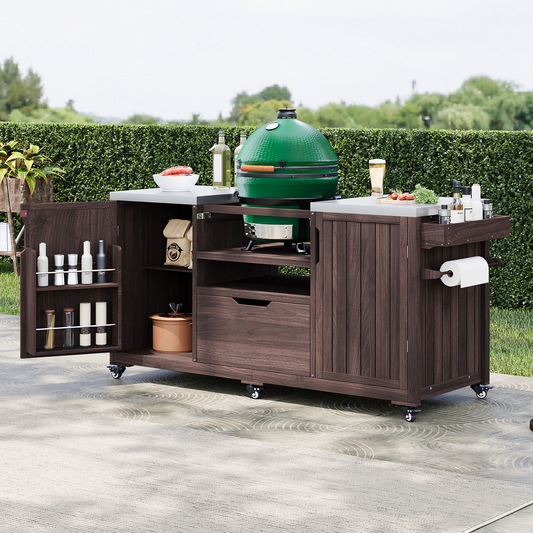 66.5-Inch Outdoor Kitchen Island Cart With Solid Wood And Stainless Steel Top For Grills Kamado Compatible Dark Brown