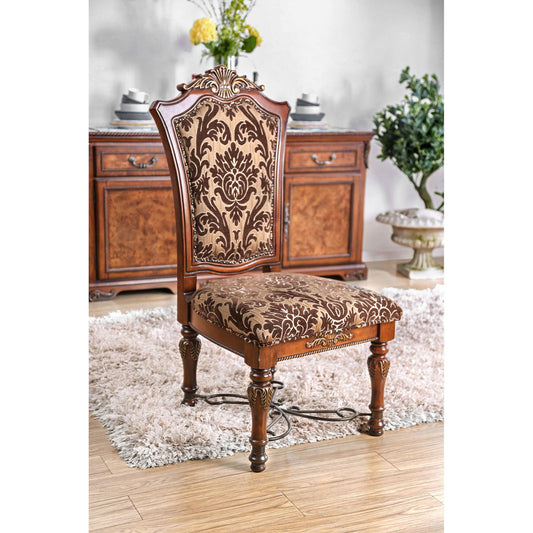 2-Pack Traditional Dining Chairs - Solid Wood, Carved Back, Floral Fabric Seats, Dining Room Brown Cherry