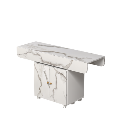 Folding Dining Table Storage Wheels 47Inch White Marble